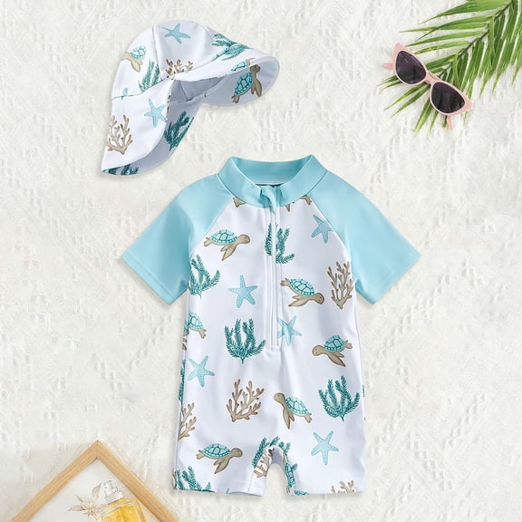 Boys Girls Rash Guard Swimsuit Animal Print Zipper Short Sleeve Bathing Suit with Swim Cap for Kids(White,2-3 Years)