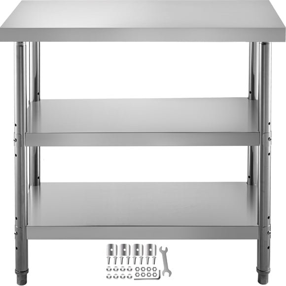 VEVOR Table de Préparation des Aliments d'Extérieur, Table Commerciale en Acier Inoxydable 24x14x33 Po, 2 Tables de Préparation de BBQ sous Tablette Réglables, Table de Travail de Cuisine Robuste, pour Garage, Maison, Entrepôt et Cuisine Argent