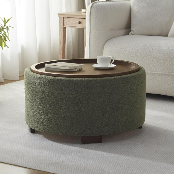 30 Inch Round Storage Ottoman Coffee Table, Modern Boucle Ottoman with Lift-Off Lid and Solid Wood Legs for Living Room, Bedroom, Corners, Apartments (Green)