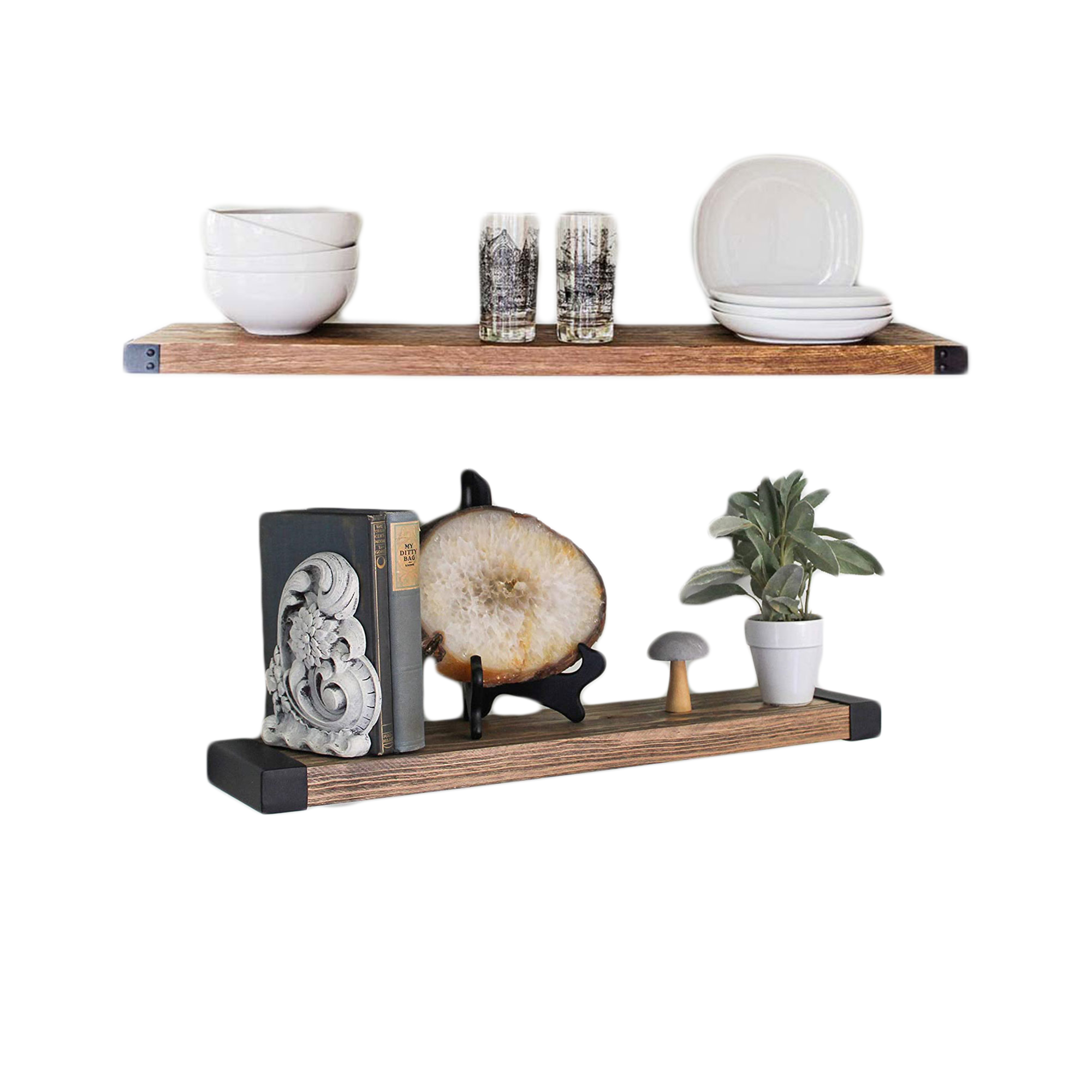 Willow & Grace Rustic Farmhouse Floating Shelves, Walnut, 36", (Set of