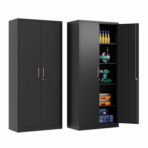 CQAOE 71" Metal Storage Cabinet with Lock and Long Handle – Tall Steel Storage Locker with Adjustable Shelves for Home, Office, Garage, Black