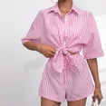 thumbnail image 5 of Fengqque Womens 2 Piece Outfits Striped Short Sleeve Button Down Collared Shirt Matching Drawstring Shorts Sets Pink S(S), 5 of 7