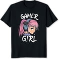 thumbnail image 2 of 100% Cotton Gamer Girl Anime Character Pink Hair Headphones Gaming Fashion Women's Casual Summer T-Shirt, 2 of 5