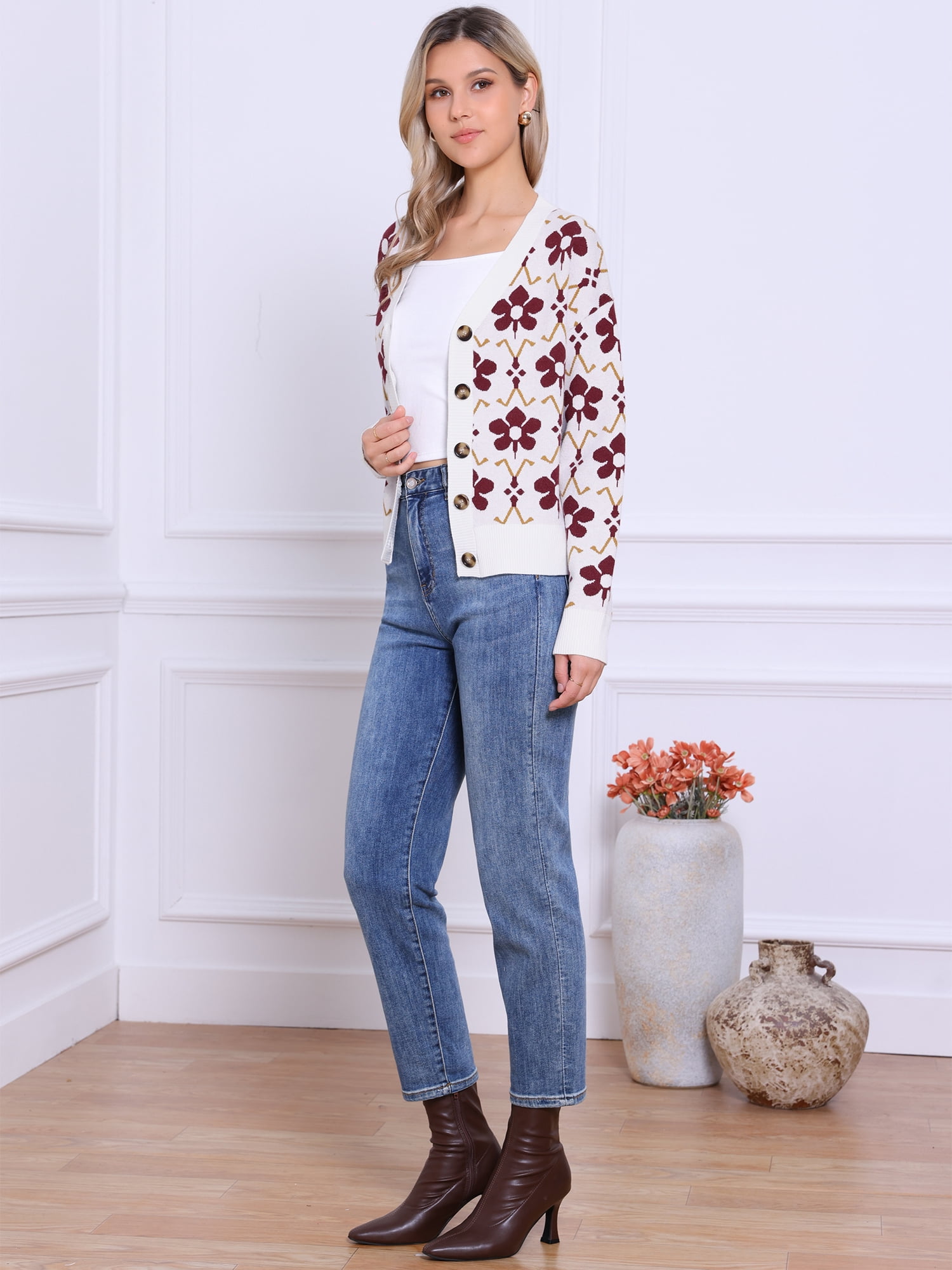 DARING DIVA Women's Floral Open Front V Neck Button Down Long Sleeve XL White