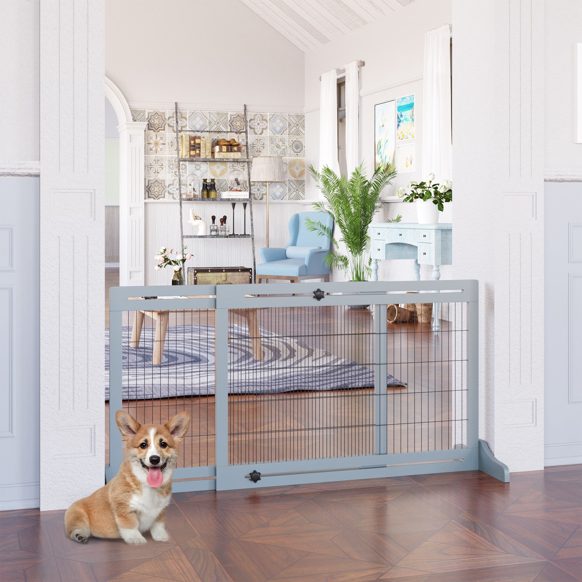 Favory 71" Extra Wide Freestanding Pet Gate with Adjustable Length Dog, Cat, Barrier for House, Doorway, Hallway,Long Adjustable Pet Gate, Dog Barrier,Blue-grey
