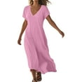 thumbnail image 1 of Robe Décontractée en Lin Col en V Manches Courtes Ample pour Femmes, Robe de Jour Confortable Couleur Unie, 1 of 5