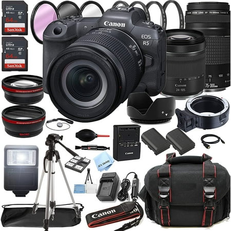Canon EOS R5 Mirrorless Digital Camera with RF 24-105mm f/4-7.1 STM Lens + 75-300mm F/4-5.6 III Lens + 128GB Memory + Case + Tripod + Filters 41pc Bundle
