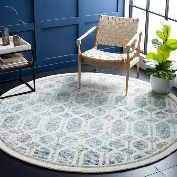 SAFAVIEH Artistry Jorie Geometric Area Rug, Ivory/Blue, 7' x 7' Round