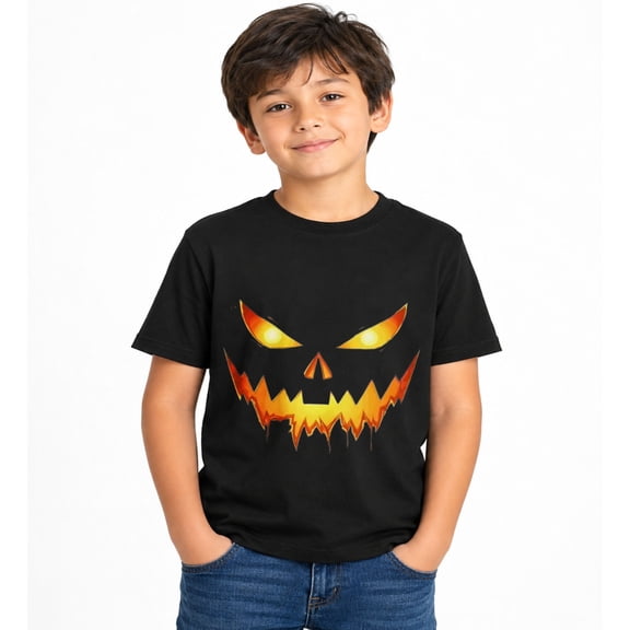 Halloween Scary Jack O Lantern Face Graphic T-Shirt for Boys, Fun Spooky Short Sleeve Shirt for Fall