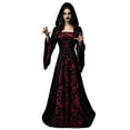 thumbnail image 5 of KICILVS Witch Costume Women Hooded Gothic Robe Corset Waist Bell Sleeve Maxi Length Damask Print Vampire Cloak Outfit Red, 5 of 9