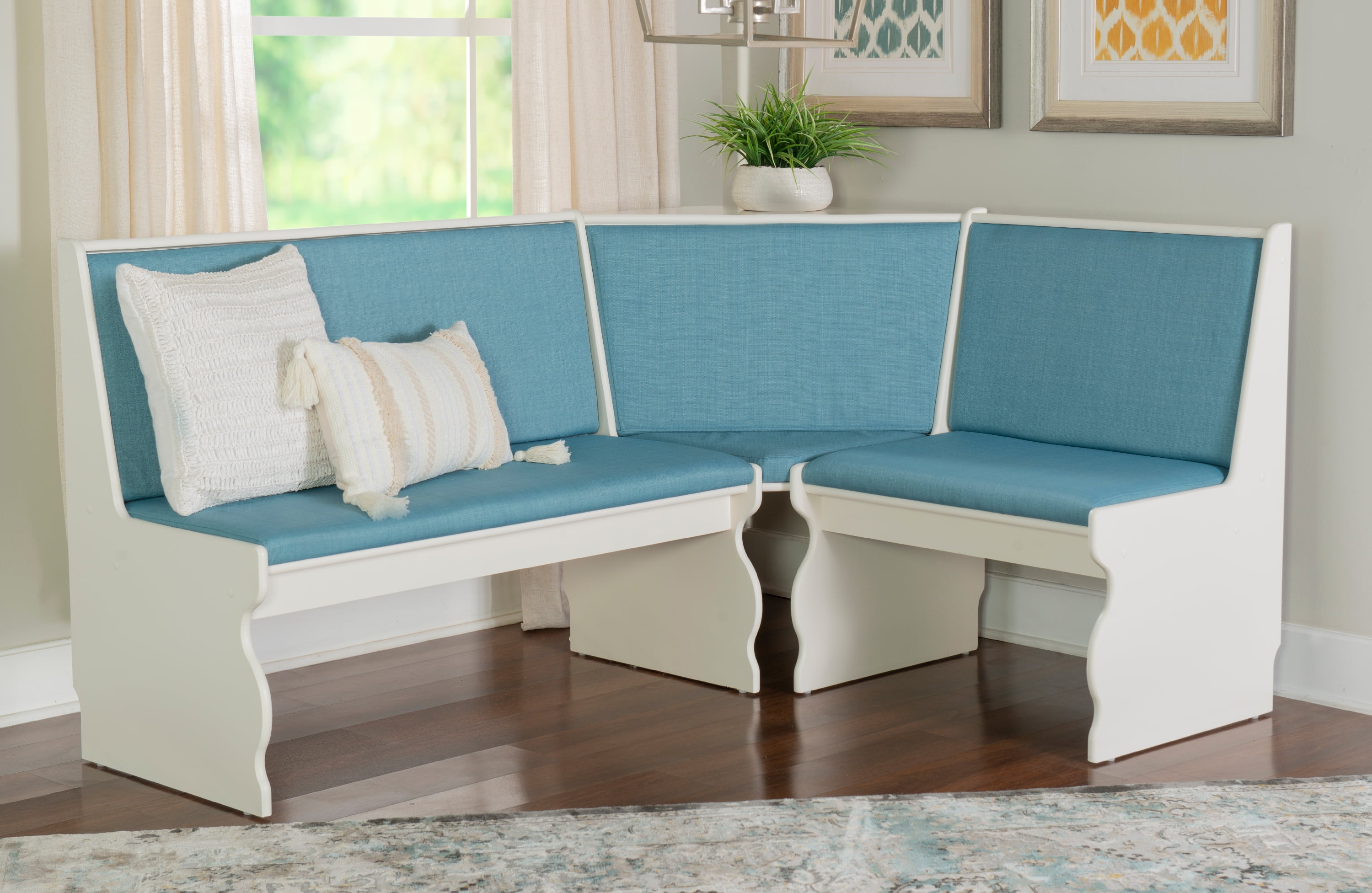Linon Weston 3-Piece Farmhouse Indoor Corner Dining Nook with 5-Piece Cushion Set, White/Capri Blue