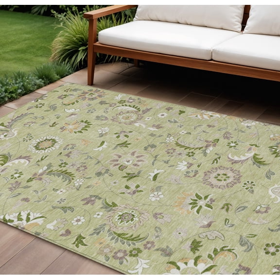 9' X 12' Artichoke Green Gray And Brown Floral Washable Indoor Outdoor Area Rug
