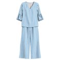 thumbnail image 7 of Womens Stripe Casual Two Piece Outfit V-Neck 3/4 Bell Sleeve Top Elastic Waist Wide Leg Pants with Pockets Loungewear Set Light Blue M(M), 7 of 7