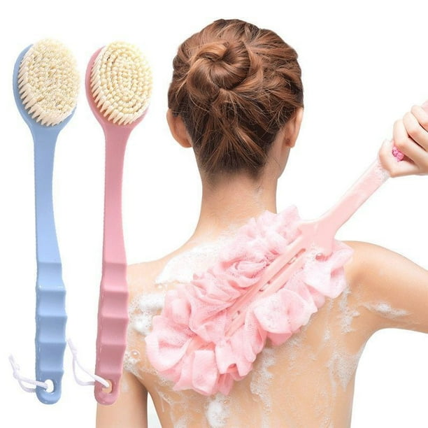 Paquete de 2 limpiadores de espalda para ducha, esponja de baño, cepillo corporal con cerdas y lufa, cepillo de mango largo para ducha, cepillo corporal exfoliante para hombres y mujeres (azul y rosa TUNC Sencillez