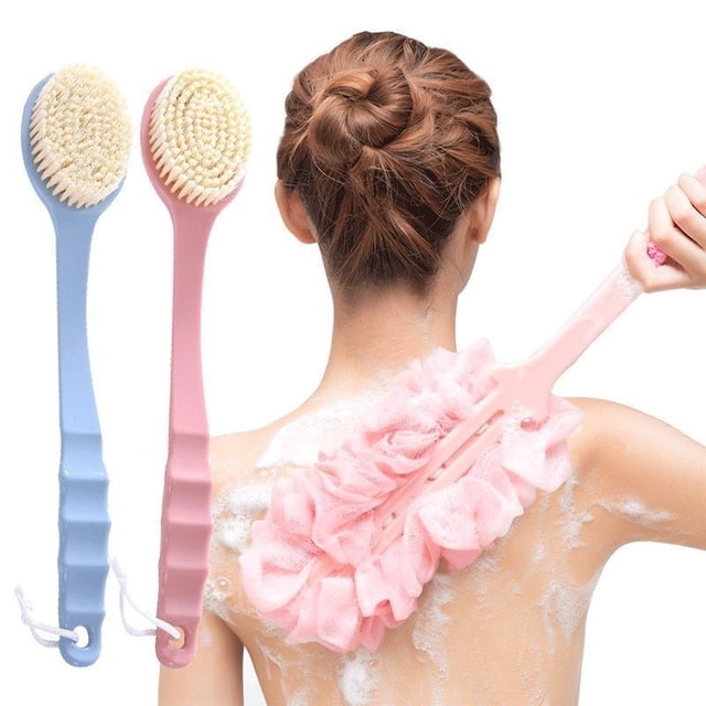 Paquete de 2 estropajos de espalda para ducha, esponja de baño, cepillo corporal de ducha con cerdas y lufa, cepillo de espalda, mango largo para ducha, cepillo exfoliante corporal para hombres y mujeres (azul y rosa) JM