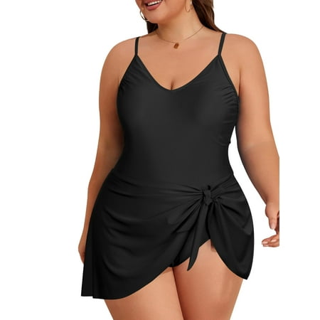 Women s Plus Size One Piece Swimsuits Tummy Control V Neck Swim Dress Ruched Tie Knot Skirt Bathing Suits