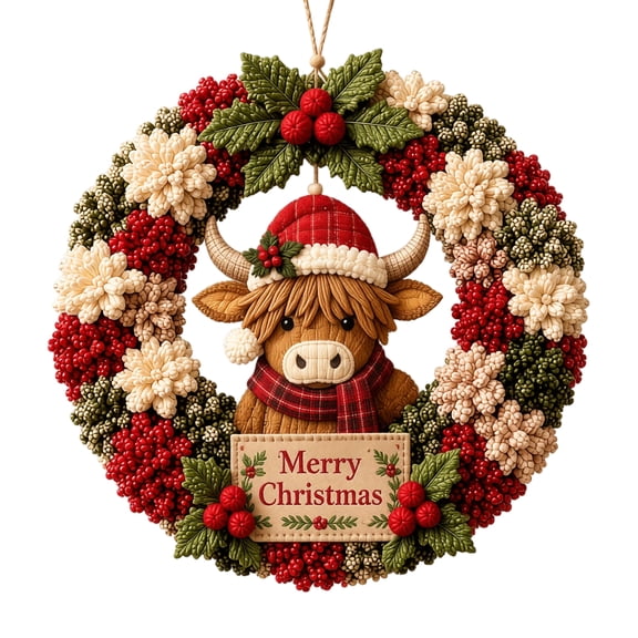 3D Fabric Poke Wreath DIY Kit for Adults Christmas Holiday Decor, Textured 3D Fabric Wreath, No-Sew DIY Supply, With Hook, Highland Cow Themed Wreath