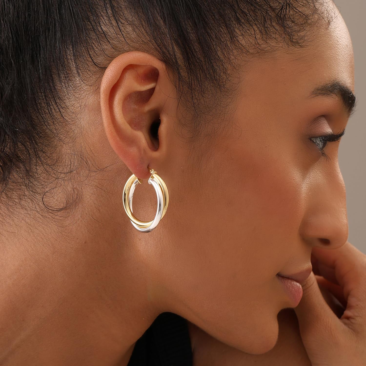 LeCalla 925 Sterling Silver Two Tone Click Top Intertwining Round Hoop Earrings for Women and Teen 28MM