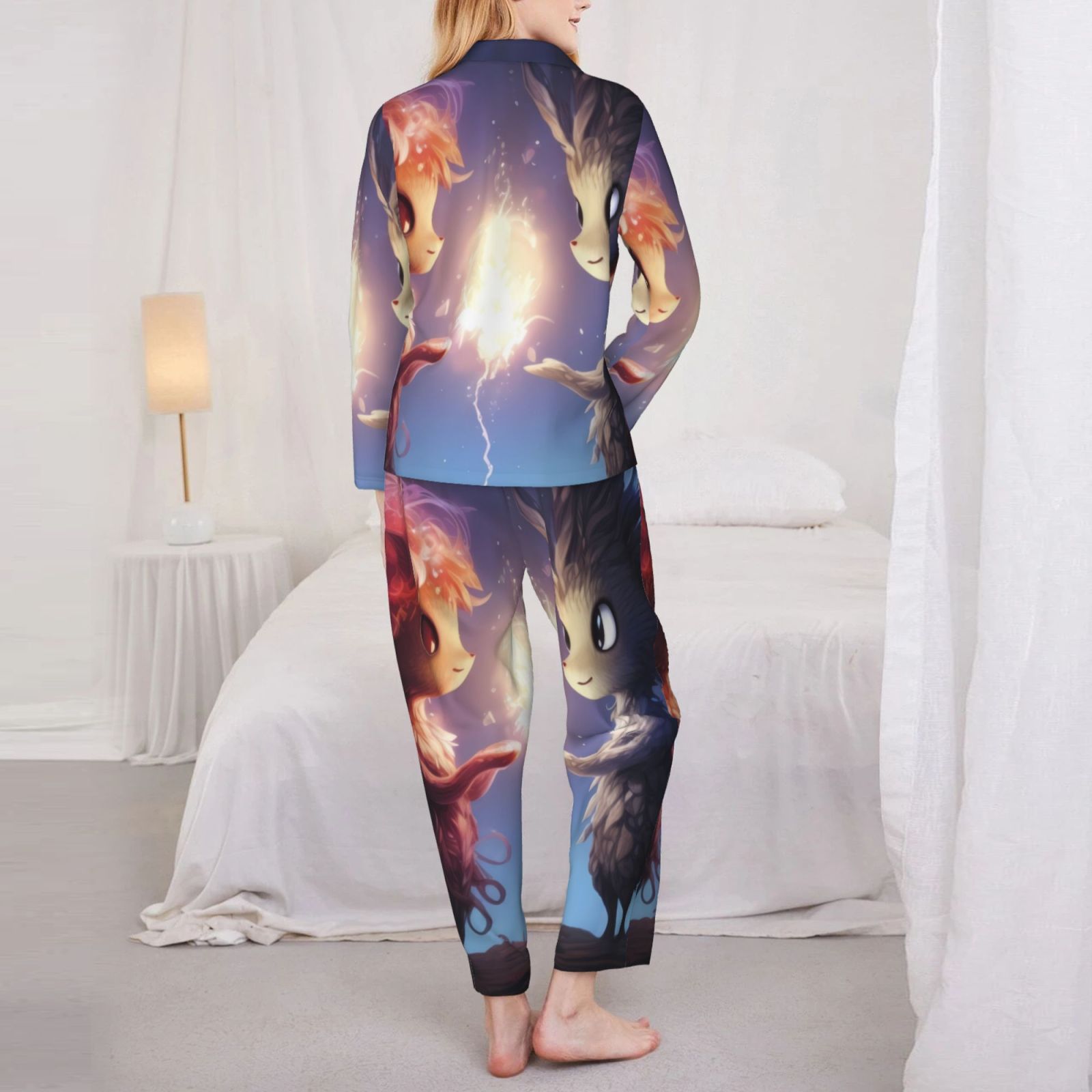 Rateoe Dreamy Forest Elf Pattern Womens Pajamas Set Long Sleeve Sleepwear Button Down Nightwear Soft Cotton Pj Lounge Sets