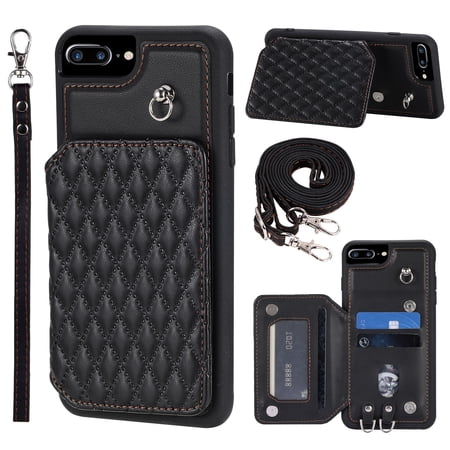 Elegant Crossbody Strap Wallet Case for Apple iPhone 7 Plus/8 Plus with Card Holder, Shockproof Purse Magnetic Closure Phone Cover with Wrist Strap for iPhone 7 Plus/8 Plus - Black