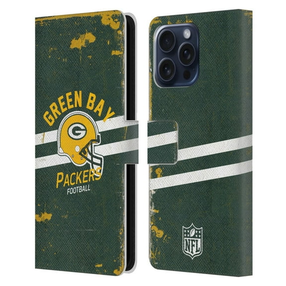 Head Case Designs NFL Green Bay Packers Logo Art Helmet Distressed Leather Book Wallet Case Cover For Apple iPhone 16 Pro Max