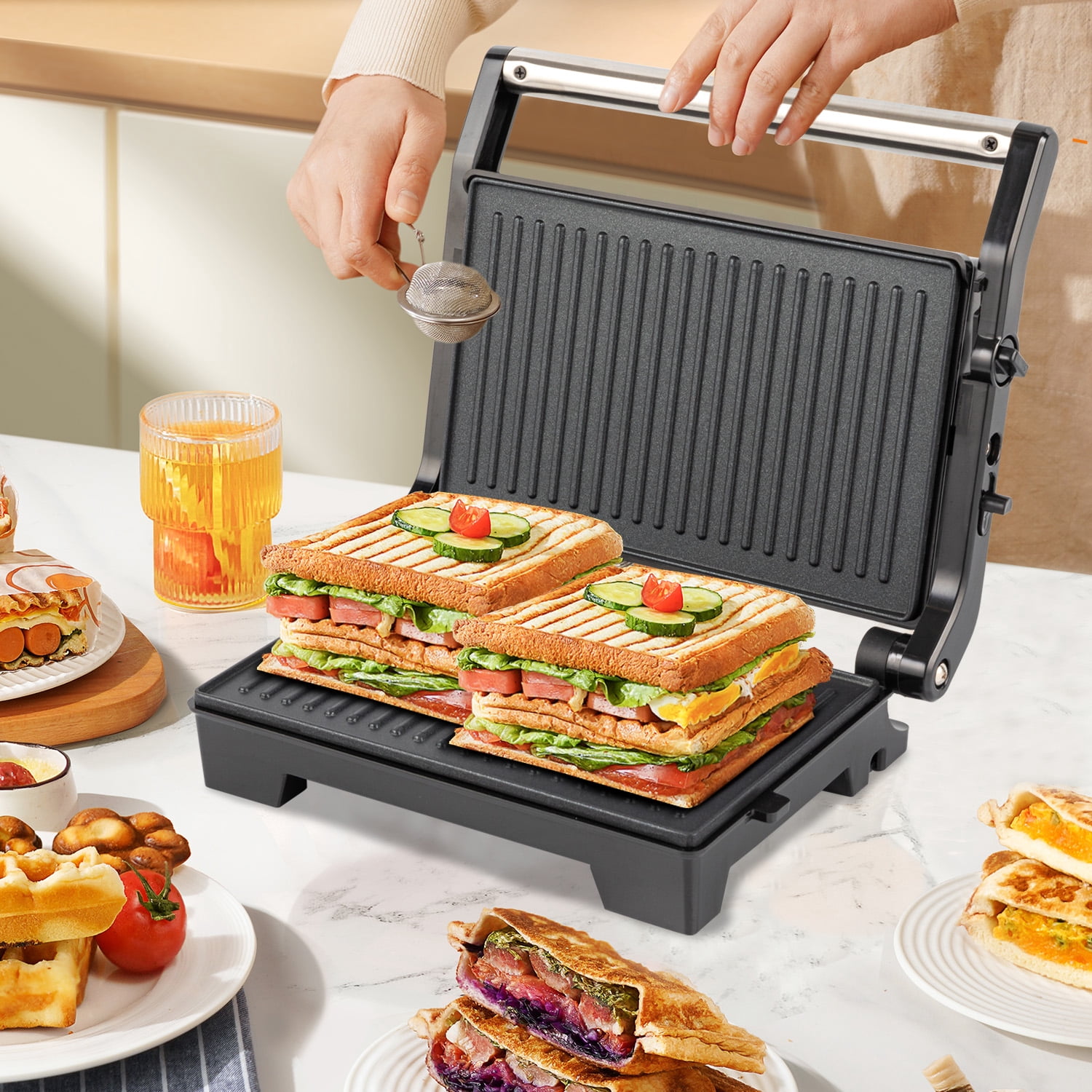 Vivicreate 1000W 3-in-1 Panini Press & Indoor Grill, 180° Open Flat Contact Grill with Nonstick Plates, Double-Sided Heating Sandwich Maker for Home Kitchen