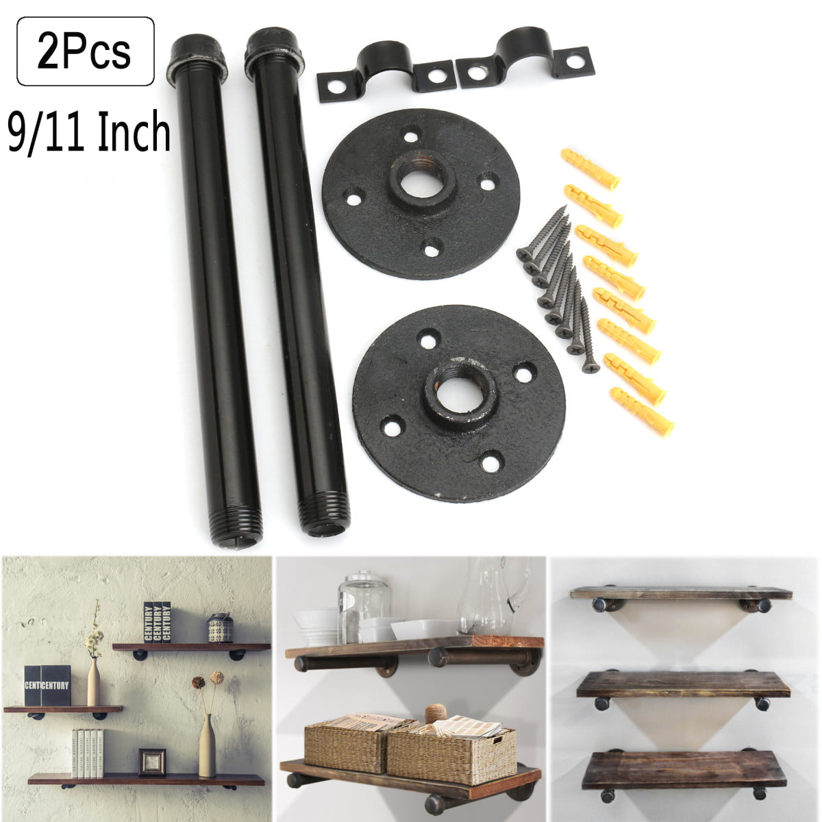 10 Inch DIY Rustic/Chic and Vintage Decor Floating Shelves Complete Display Set ½ Inch Flange NODNAL Co. 4 Pack 10” Iron Pipe Shelf Mounting Brackets Industrial Black Steel Iron Straight Shelves