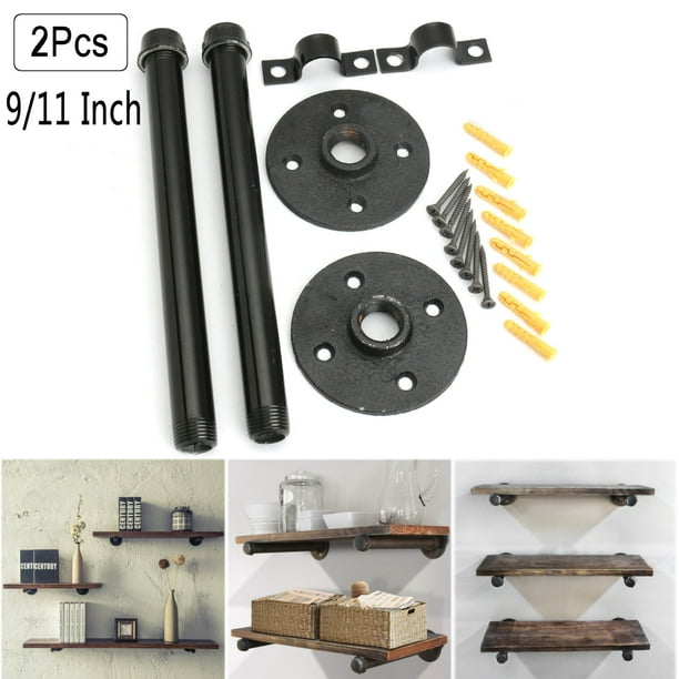 9 11 Rustic Black Iron Pipe Shelf Brackets Clothes Hanger Retro Industrial Wall Mounted Shelving Includes S Anchors Panels Clapboard M L Inch Com - Wall Panel Shelf Bracket