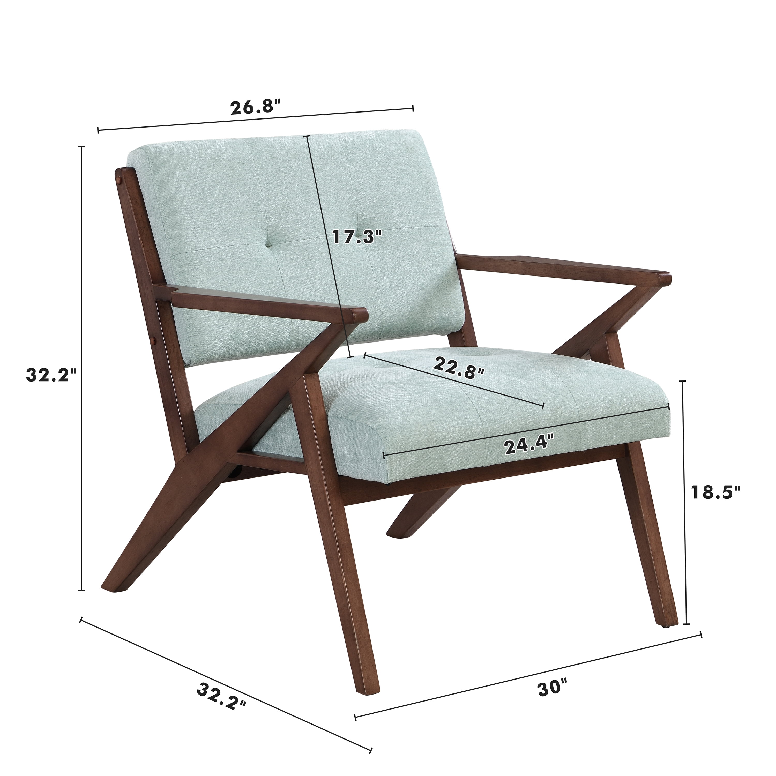 Euroco Mid-Century Modern Accent Chair with Light Green Upholstery, Tufted Cushion and Wooden Frame, Armchair for Living Room, Bedroom or Office