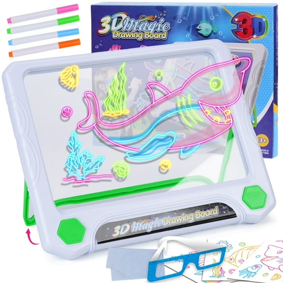 Inadays 3D Magic Drawing Board for Kids, LED Light Up Acrylic Dry Erase Note Board Doodle Glow Drawing Tablet with 3D Glasses & Stand, Christmas Birthday Toy Gift for Girls Boys