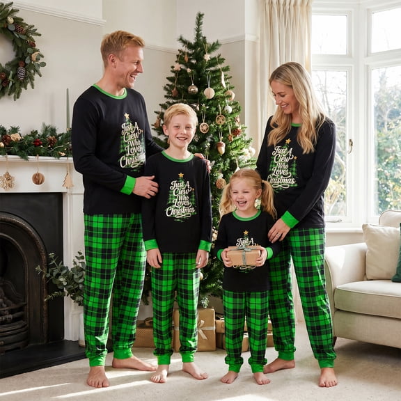 AIGUR Family Matching Christmas Pajama Set Fashion Long Sleeve Christmas Tree Printed Tops with Plaid Pants 2Pcs Family Sleepwear