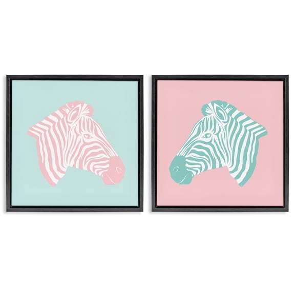 Stupell Industries Sweet Pink and Teal Zebras Animals Painting Black Floater Framed Canvas Art Print Wall Art, 18 x 18, Set of 2