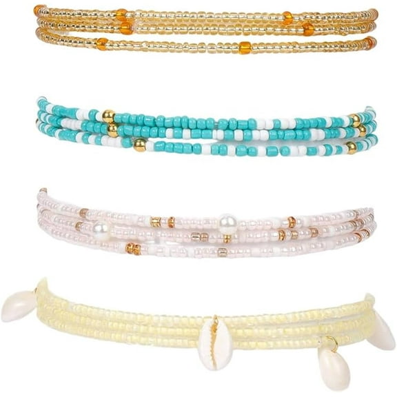 4Pcs Boho Waist Beads Adjustable Slim Chain Belts Seed Beaded Belly Chain Plastic Bikini Body Jewelry for Women Fashion Dresses Summer Beach Gold 820mm