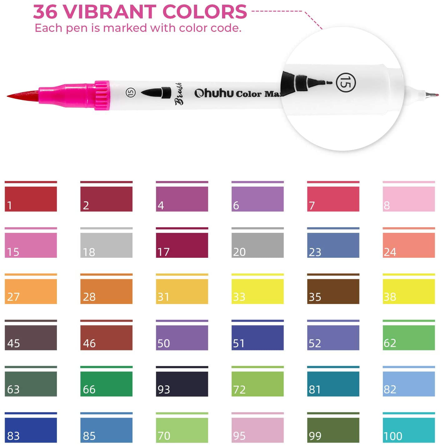 Ohuhu 36-Color Watercolor Brush Markers Set