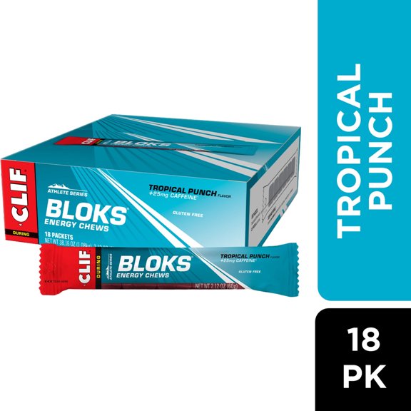 CLIF BLOKS Tropical Punch Flavor with Caffeine Plant Based Energy Chews, 18ct