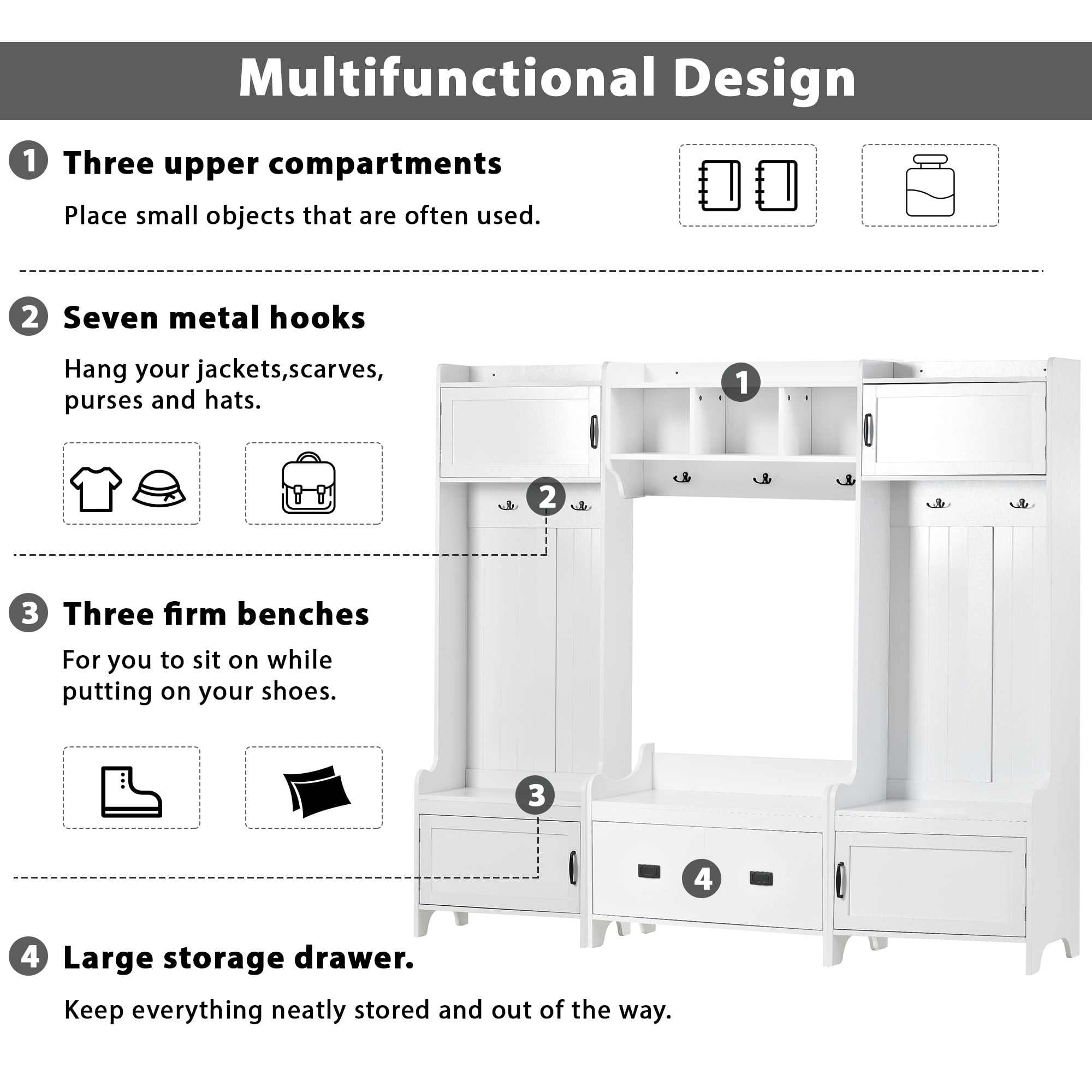 MAYEERTY Modern 4-in-1 Hallway Coat Rack: Bench, Storage Drawer, 7 Hooks, White