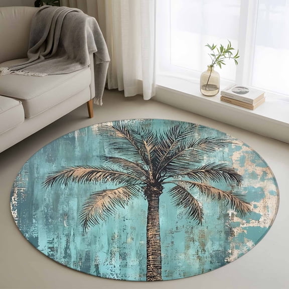 Coastal Beach Tree Green Round Rug 4ft Washable Circle Entryway Rugs Non Slip Summer Vintage Tropical Plant Area Rug Indoor Floor Carpet for Bedroom Kitchen Living Room Home Office Dining Room