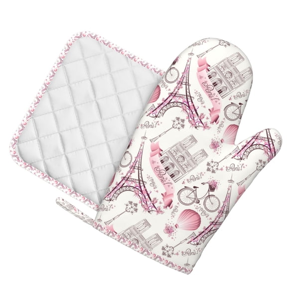 Honeii Romantic Travel In Paris patten Oven Mitts and Pot Holders Sets, Baker Oven Mitts, Mittens for Kitchen Decor, Baking Lover over Gloves Gifts