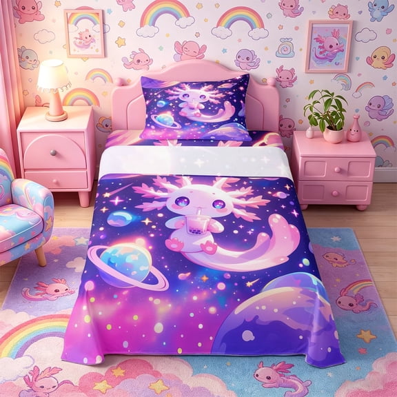 Meiyoeat Cosmic Kawaii Axolotl Twin Sheets 3pcs, Whimsical Galaxy Planet Pattern Bedding, Purple Pink