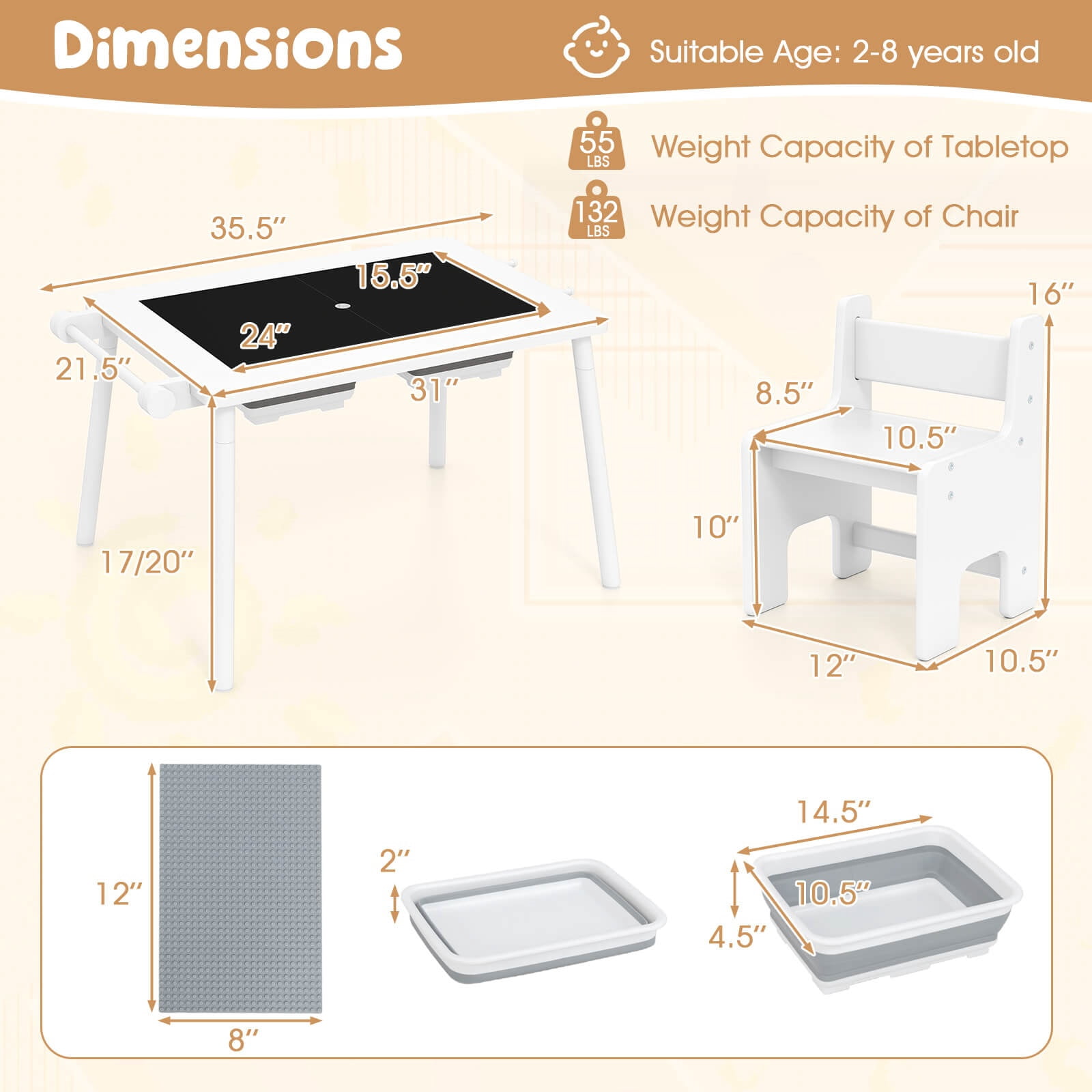Costway Sensory Table & Chair Set for Kids 2-8 with Foldable Bins for Sand/Water & Paper White