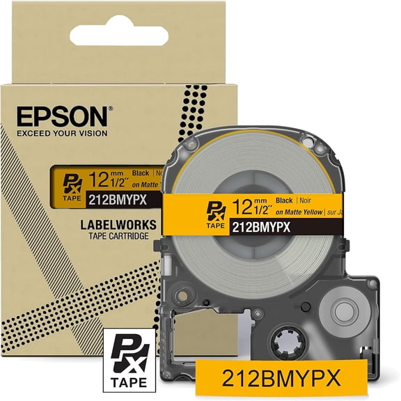 Epson LABELWORKS 212BMYPX - Black on Matte Yellow PET Label Maker Tape - 1/2" (12MM) Wide, 26'