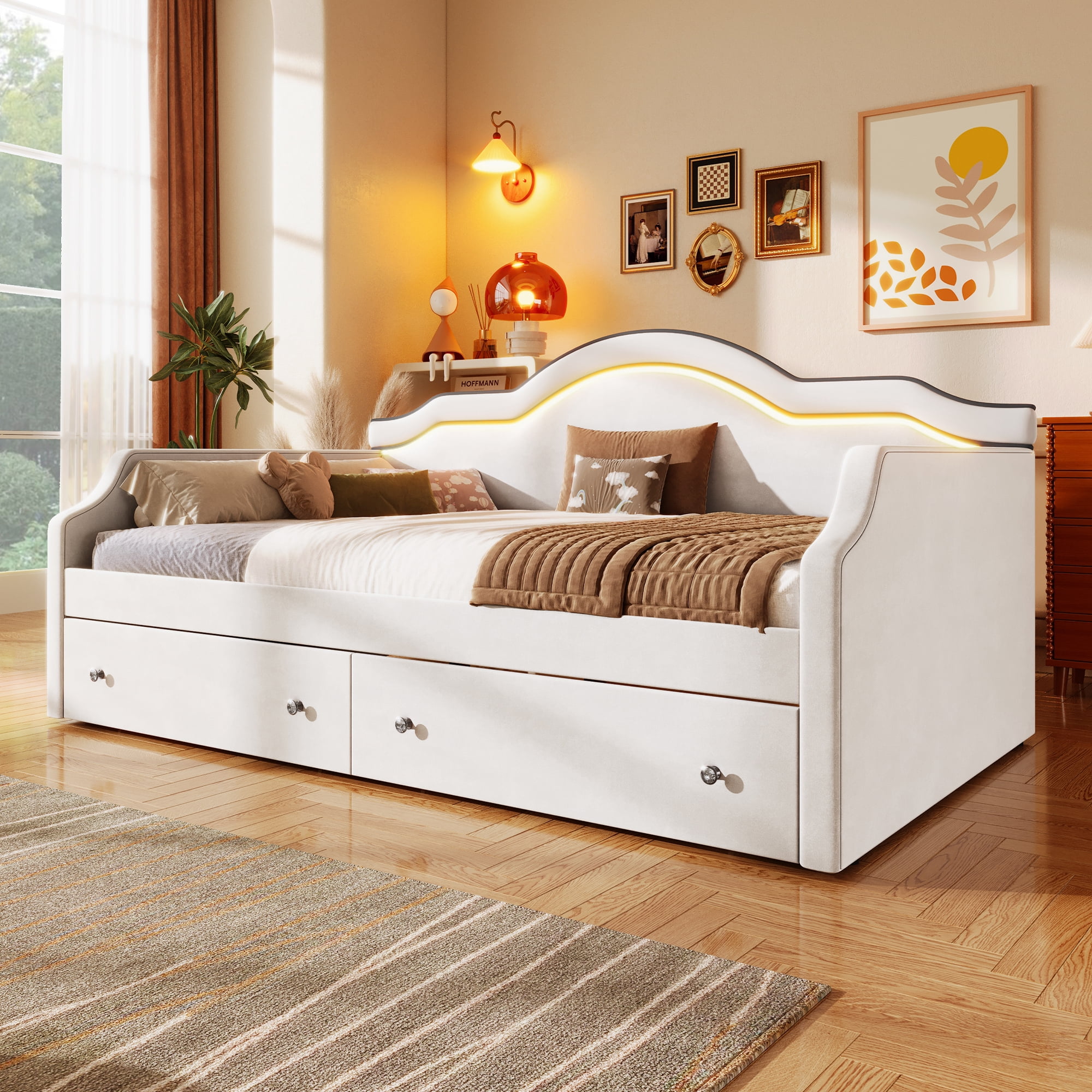 Euroco Upholstered Twin Size Daybed with LED Light and 2 Drawers, Beige