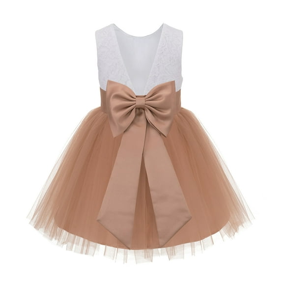 Ekidsbridal Girl Reception Flower Girl Dress - V-Back Lace Knee-Length with Bow Sash 206T-A (Size: S-10)