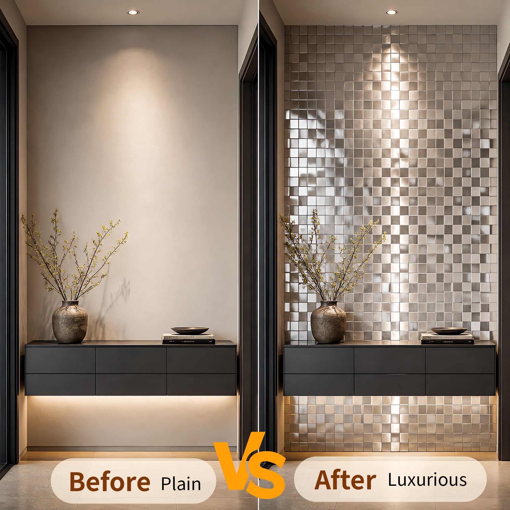 BEAUTYPEAK Modern Metal Wall Decor, 5PCS 12" x 12" 3D Textured Decorative Wall Panels, Silver