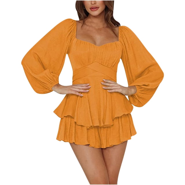 Pisexur Robe à Manches Longues Col Carré Mode Décontractée d'Été Manches Courtes Épaules Dénudées Robe Col en V Unie Robe Femme