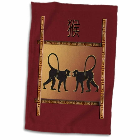 Black Faced Vervet Monkey - 3dRose Two Monkey Facing, Sign of the Monkey in Chinese, Red, Copper, Black - Towel, 15 by 22-inch