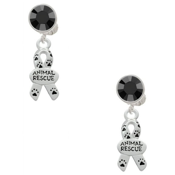 Delight Jewelry Silvertone Small Paw Print Ribbon ''Animal Rescue'' Black Crystal Clip on Earrings