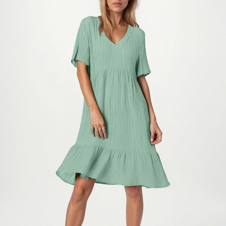 Tianiyouqing Women Smock Dresses Short Sleeve Ruffle Tiered Layered V Neck Petite A-Line Dresses Knee Length Cotton Linen Formal Pleated Dresses Mint Tianiyouqing Women Smock Dresses Short Sleeve Ruffle Tiered Layered V Neck Petite A-Line Dresses Knee Length Cotton Linen Formal Pleated Dresses Mint
