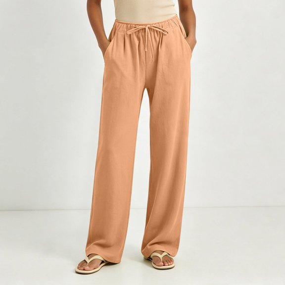 KIHOUT Women's Wide Leg Pants Drawstring Elastic Waist Loose Fit Casual Trousers with Side Pockets Lightweight Beach Vacation Pants for Summer
