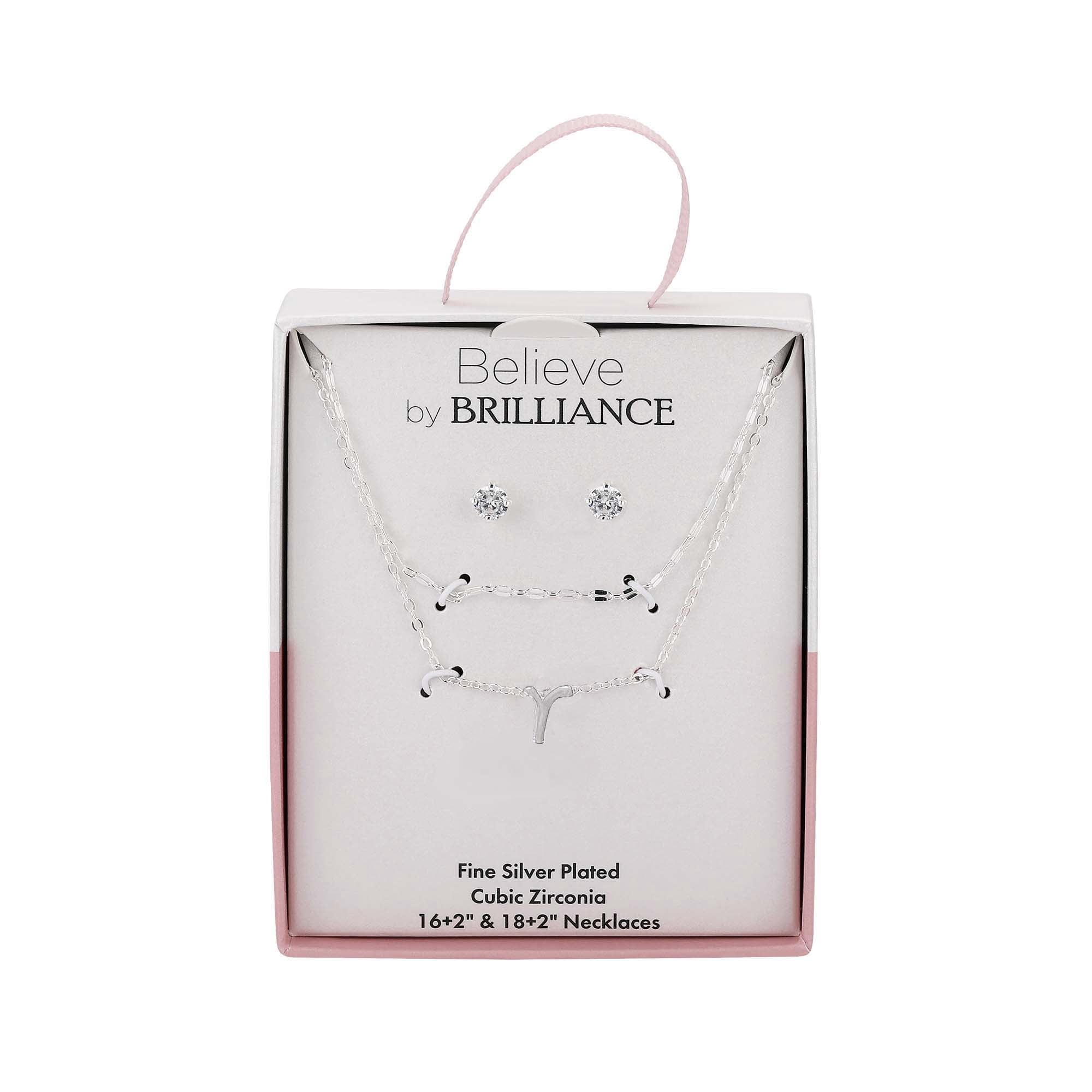 Believe by Brilliance Women's Initial R Slider Layered Necklace and Stud Set, 16+2"/18+2"